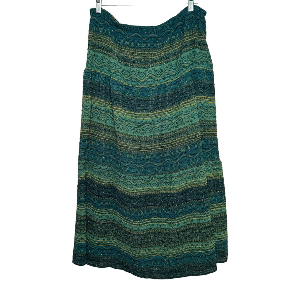 Chico's Size 1 Medium Green Boho Metallic Embroidered Shimmer Midi Skirt